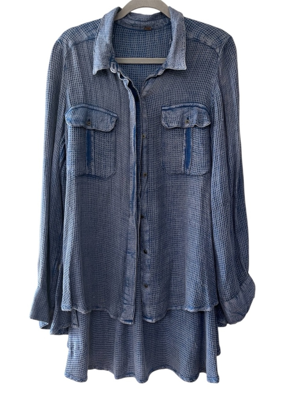 FREE PEOPLE Lightweight Blue Waffle Button-Up Shirt